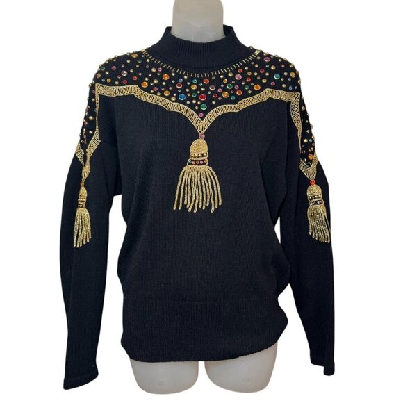 Vintage Antonella Preve NY Gold Tassels & 80's Bling Sweater size S runs big M - Picture 1 of 8